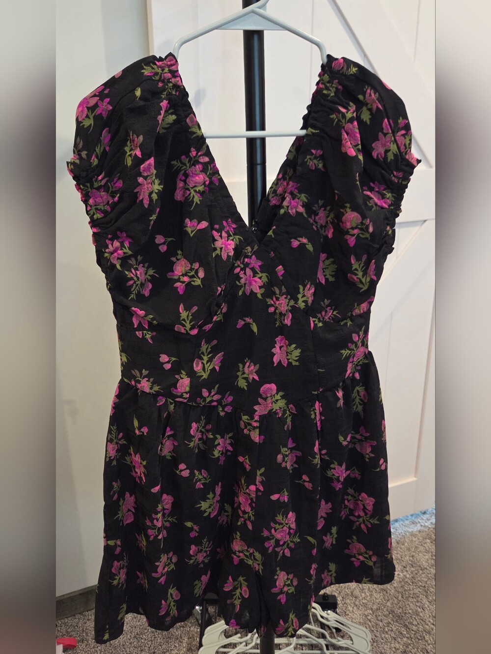 Black Floral V-Neck Women’s Romper- Pink Floral Print